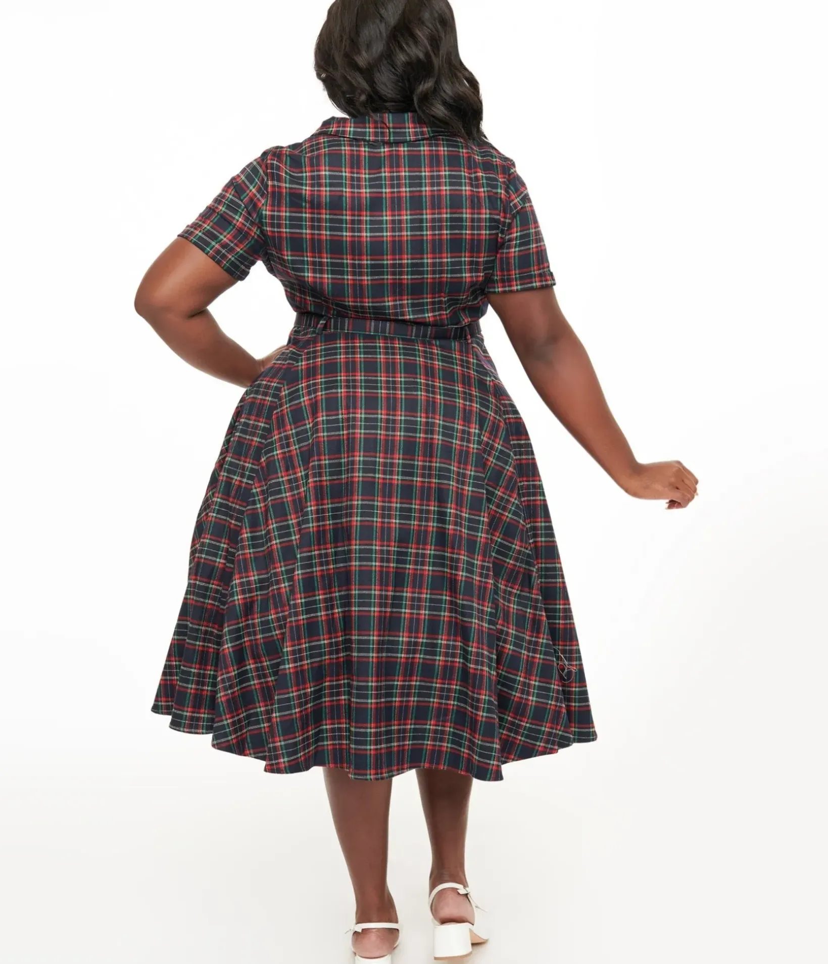 Unique Vintage Swing|Swing>Royal Monk Plus Size 1950s Green & Red Plaid Merry Holidays Swing Dress