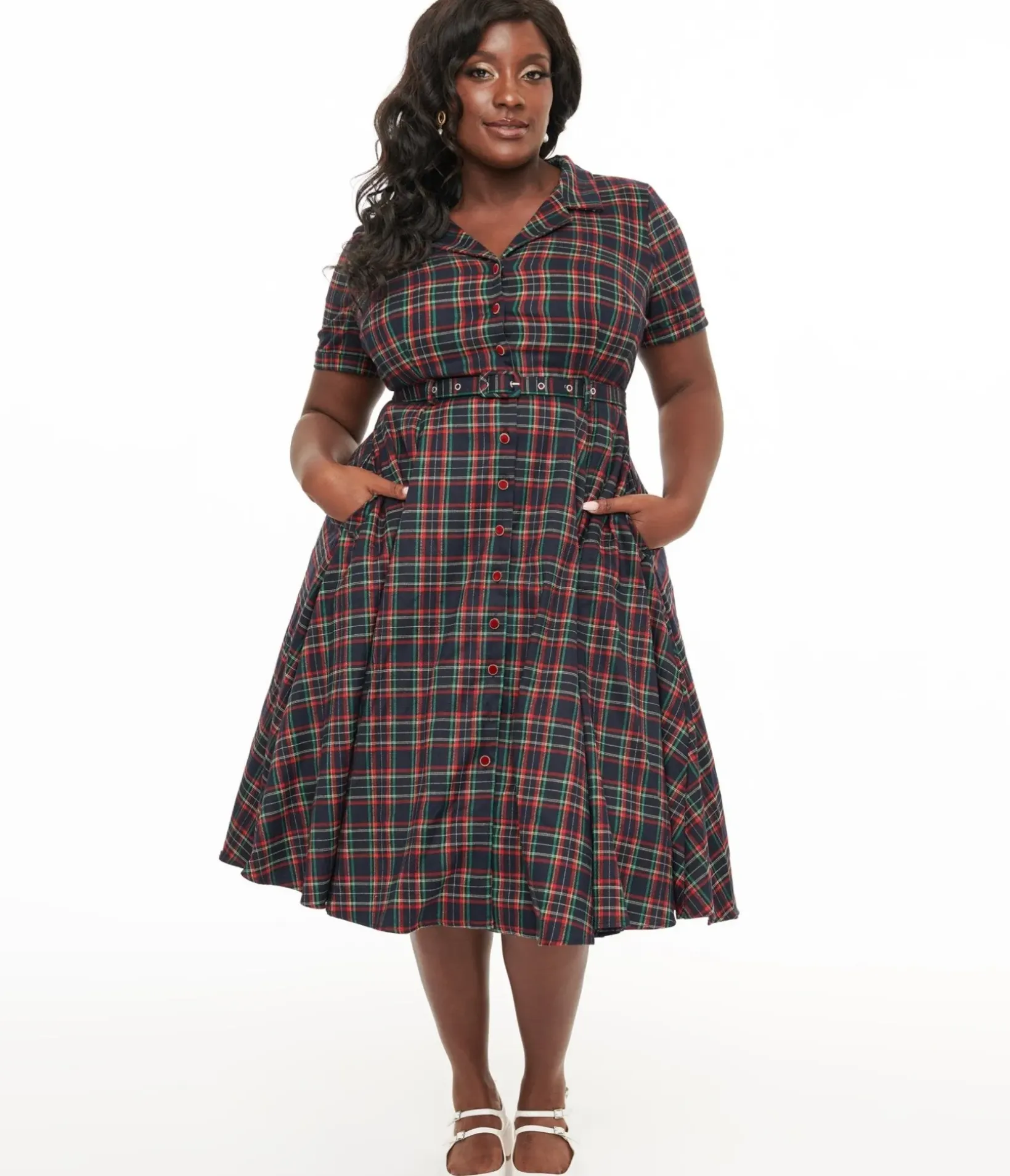 Unique Vintage Swing|Swing>Royal Monk Plus Size 1950s Green & Red Plaid Merry Holidays Swing Dress