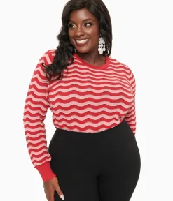 Unique Vintage Sweaters & Cardigans|Sweaters & Cardigans>Royal Monk Plus Size 1970s Red & Pink Sweet Stripes Top