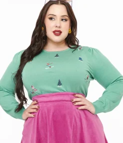 Unique Vintage Sweaters & Cardigans|Sweaters & Cardigans>Royal Monk Plus Size 1950s Teal Ski Snow Season Sweater