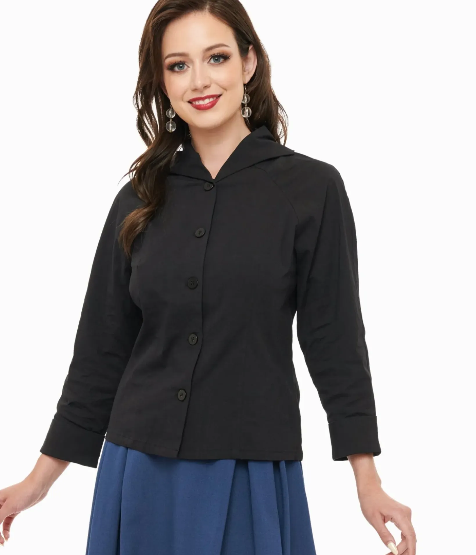 Unique Vintage Blouses|Work Wear>Royal Monk 1950s Black Button Up Celia Blouse