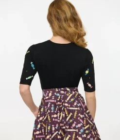 Unique Vintage Sweaters & Cardigans>Royal Monk 1950s Black & Rainbow Candy Sweater