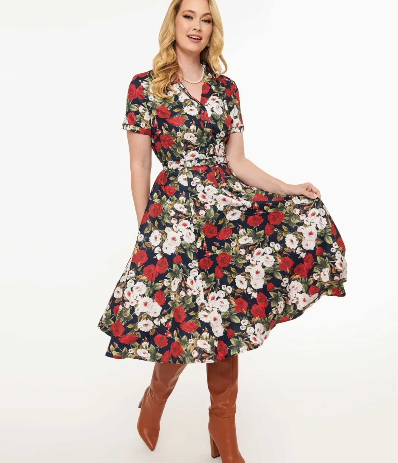 Unique Vintage Midi|Fit & Flare>Royal Monk 1950s Dark Rose Fit & Flare Dress