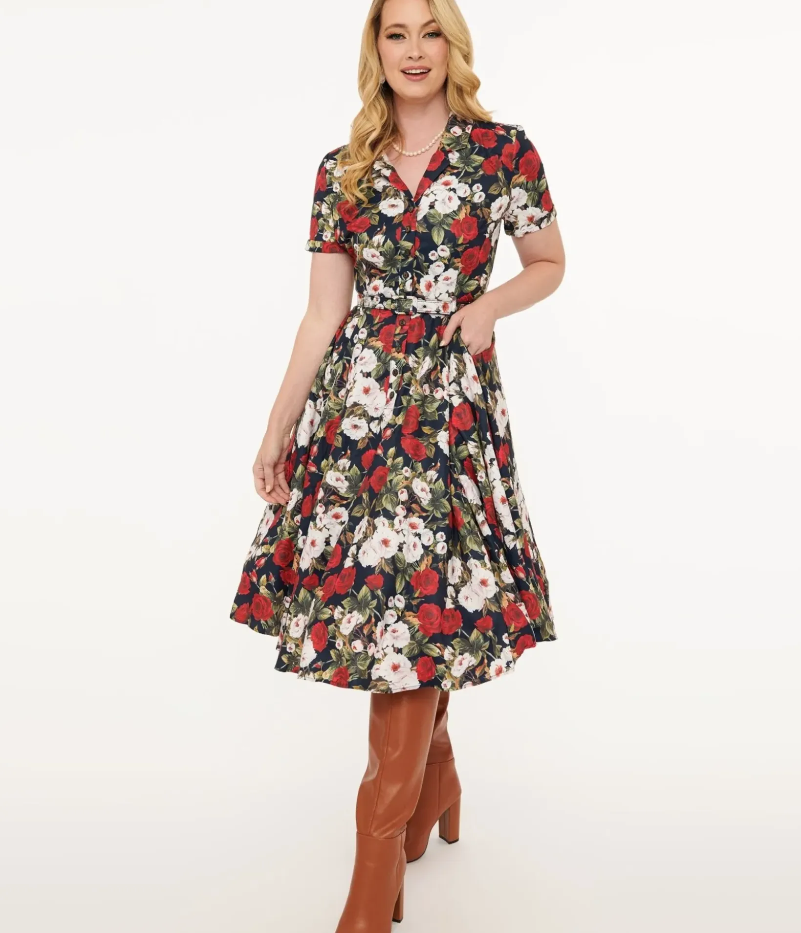 Unique Vintage Midi|Fit & Flare>Royal Monk 1950s Dark Rose Fit & Flare Dress