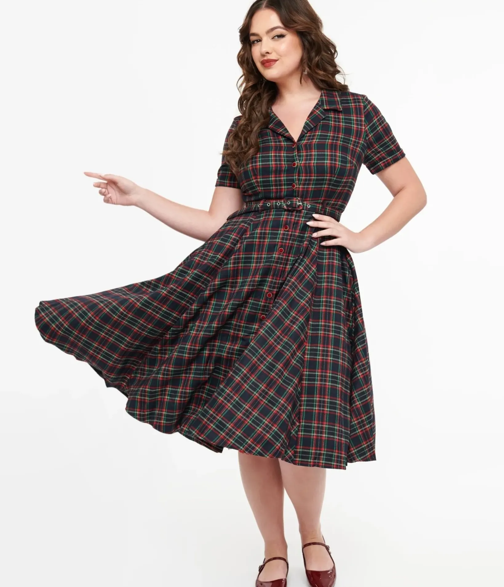 Unique Vintage Swing|Pocket Dresses>Royal Monk 1950s Green & Red Plaid Merry Holidays Swing Dress