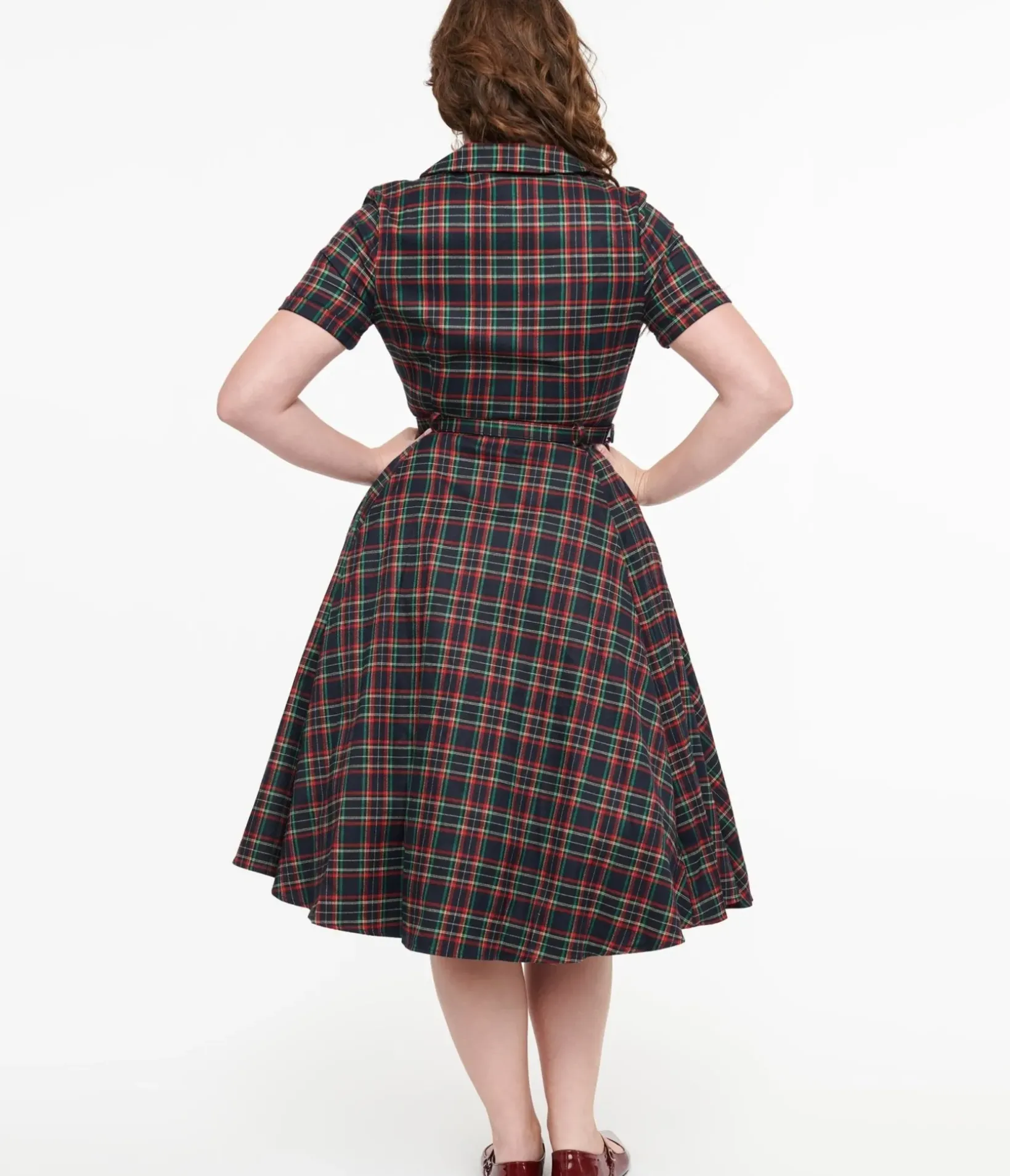 Unique Vintage Swing|Pocket Dresses>Royal Monk 1950s Green & Red Plaid Merry Holidays Swing Dress
