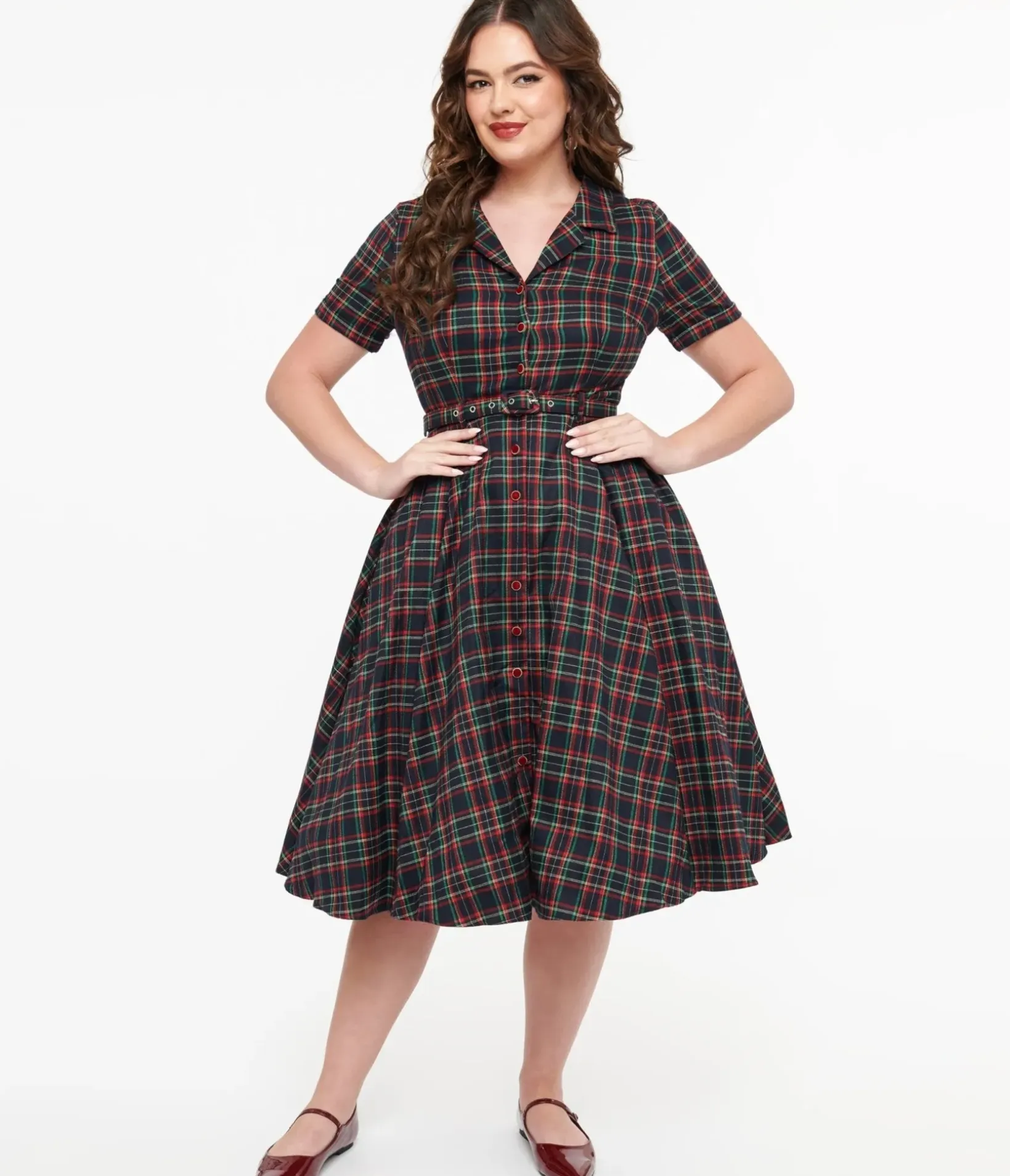 Unique Vintage Swing|Pocket Dresses>Royal Monk 1950s Green & Red Plaid Merry Holidays Swing Dress