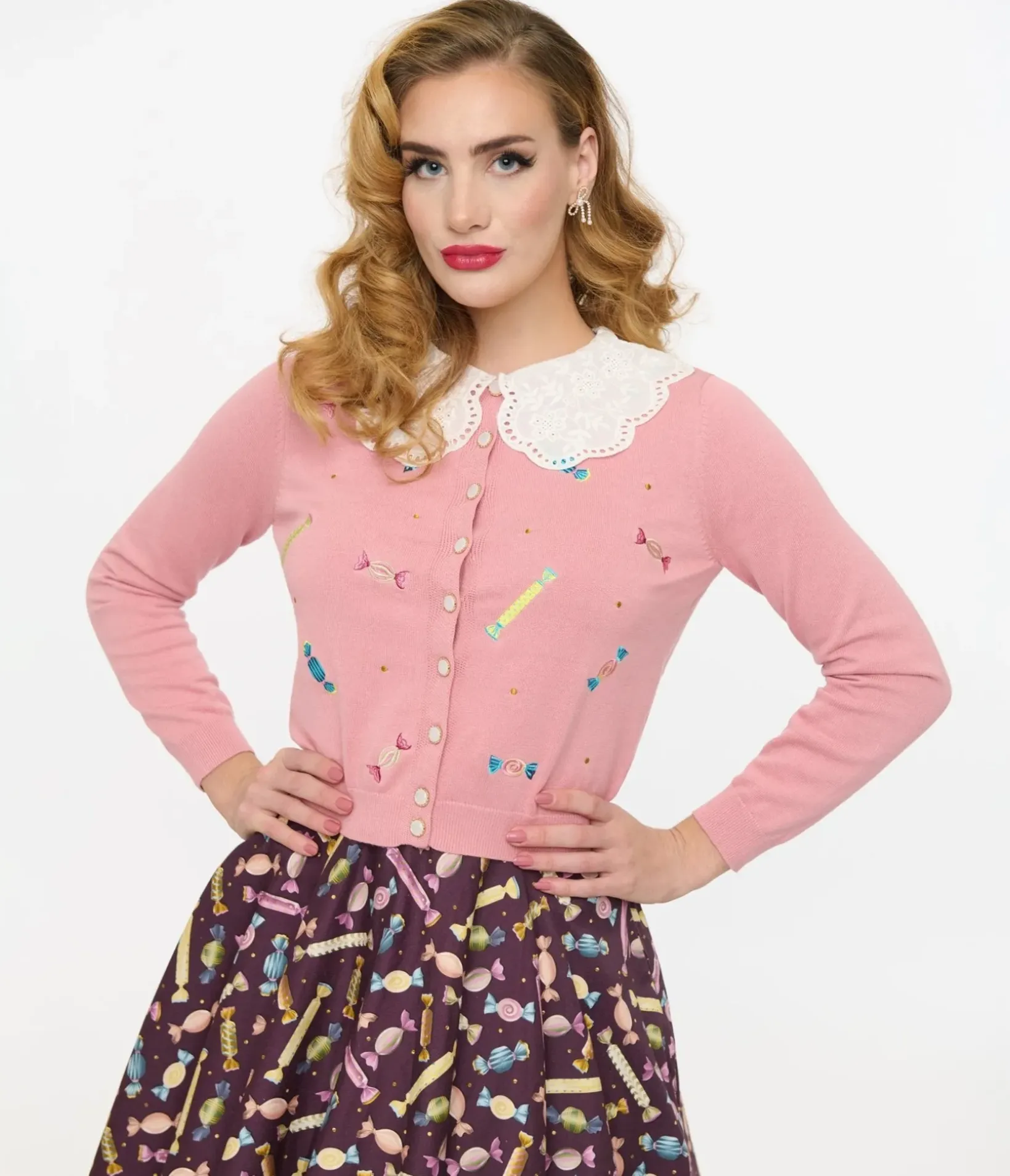 Unique Vintage Sweaters & Cardigans|All Things Pink>Royal Monk 1950s Pink Candy Cardigan