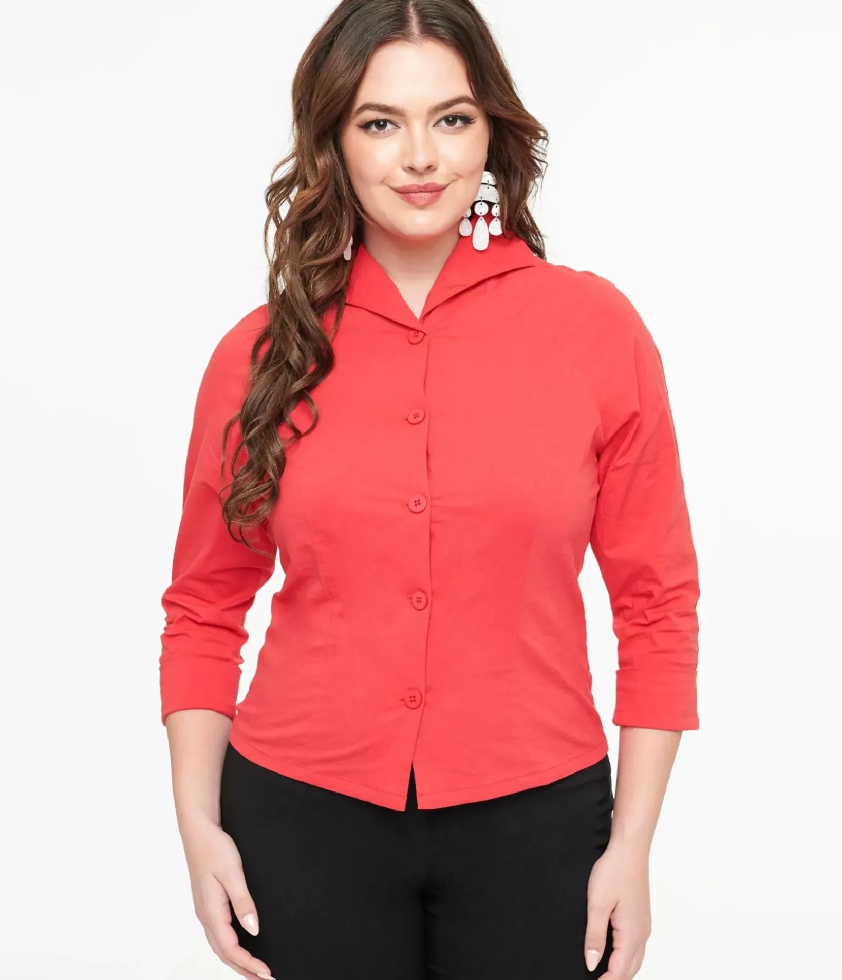 Unique Vintage Blouses|Work Wear>Royal Monk 1950s Red Button Up Celia Blouse