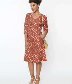 Unique Vintage Swing|Pocket Dresses>Rust Red & Cream Polka Dot Swing Dress