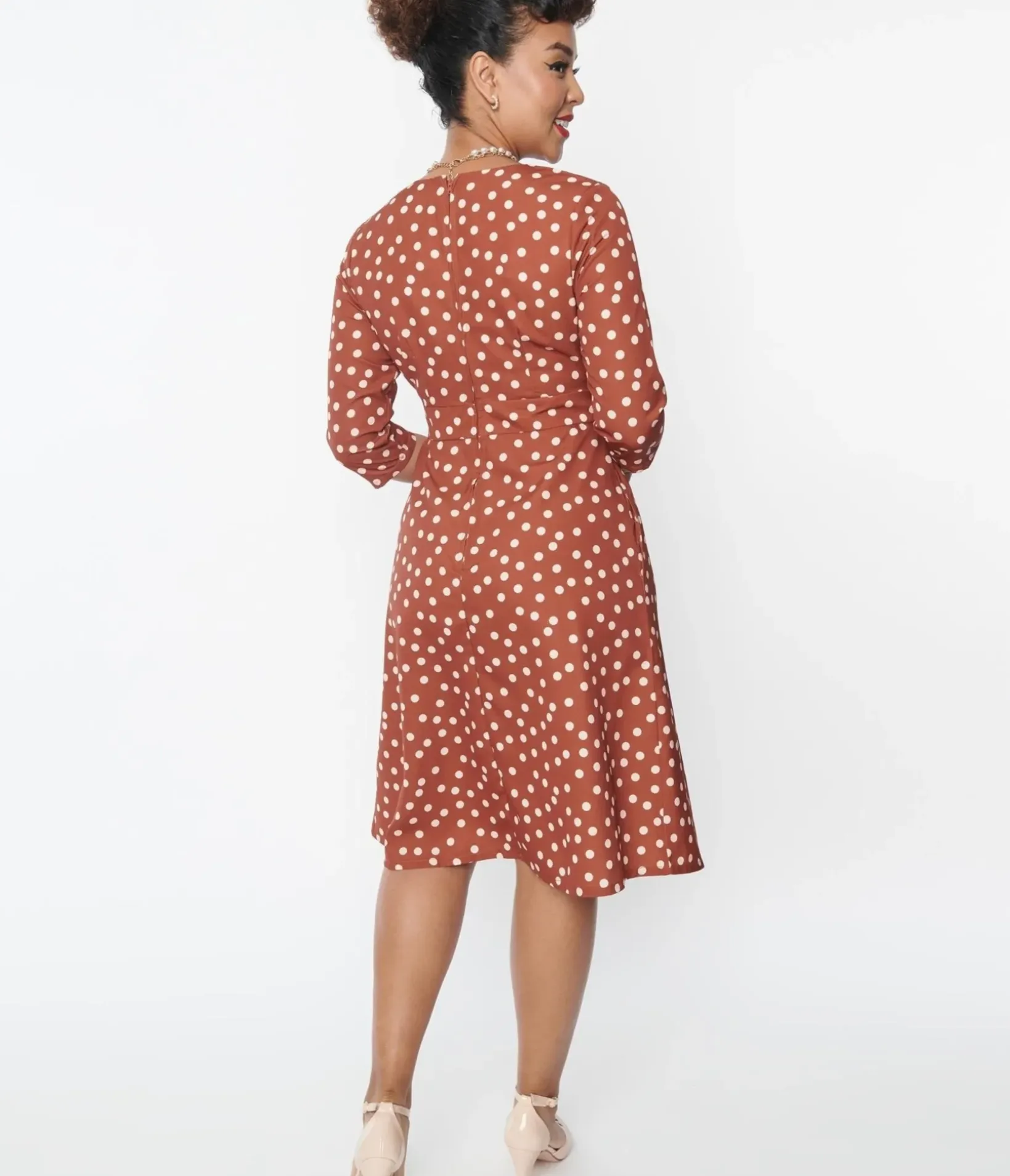 Unique Vintage Swing|Pocket Dresses>Rust Red & Cream Polka Dot Swing Dress