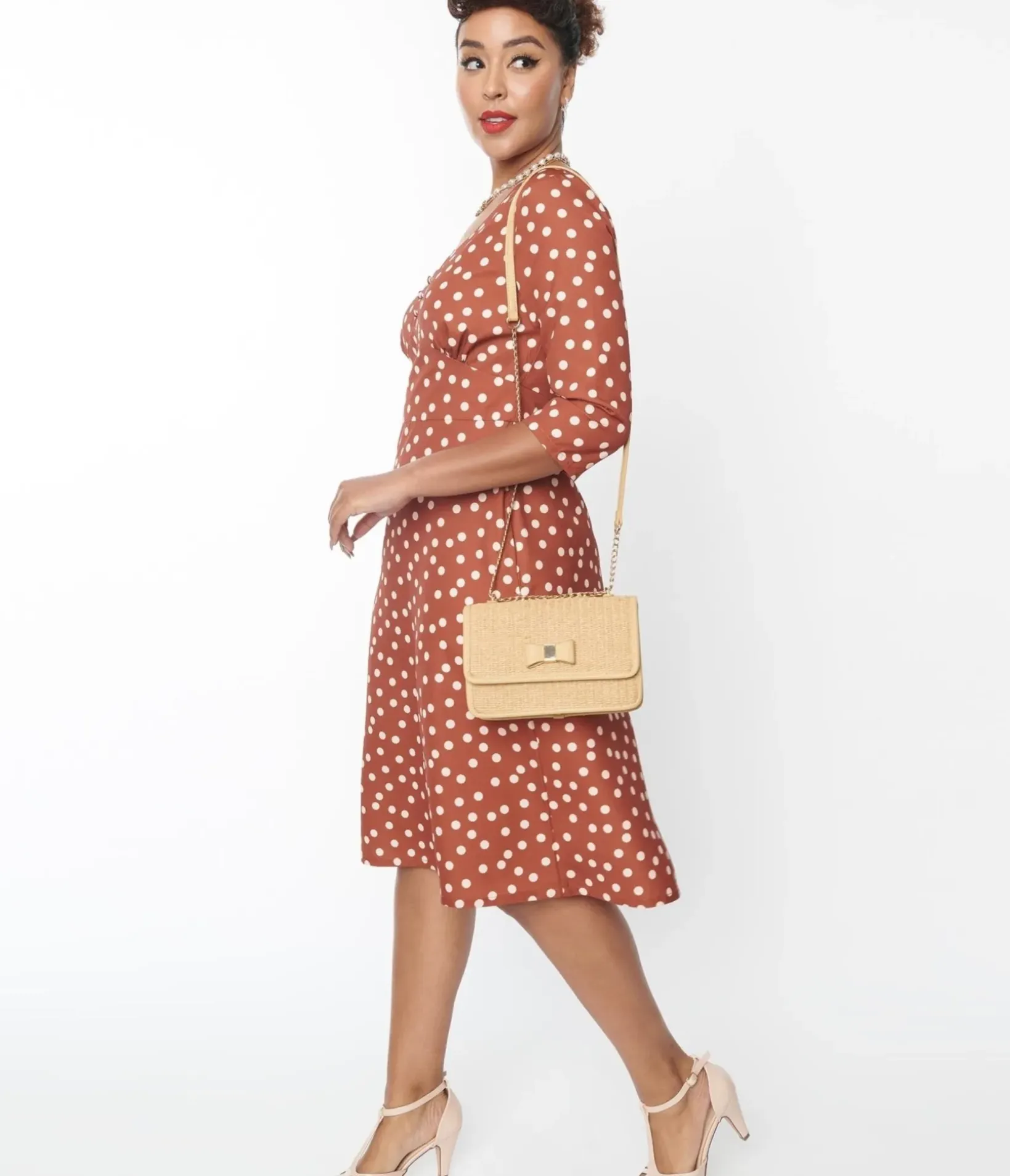Unique Vintage Swing|Pocket Dresses>Rust Red & Cream Polka Dot Swing Dress