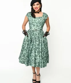 Unique Vintage Swing|Pocket Dresses>Sage Green & Green Floral Cosmopolitan Swing Dress