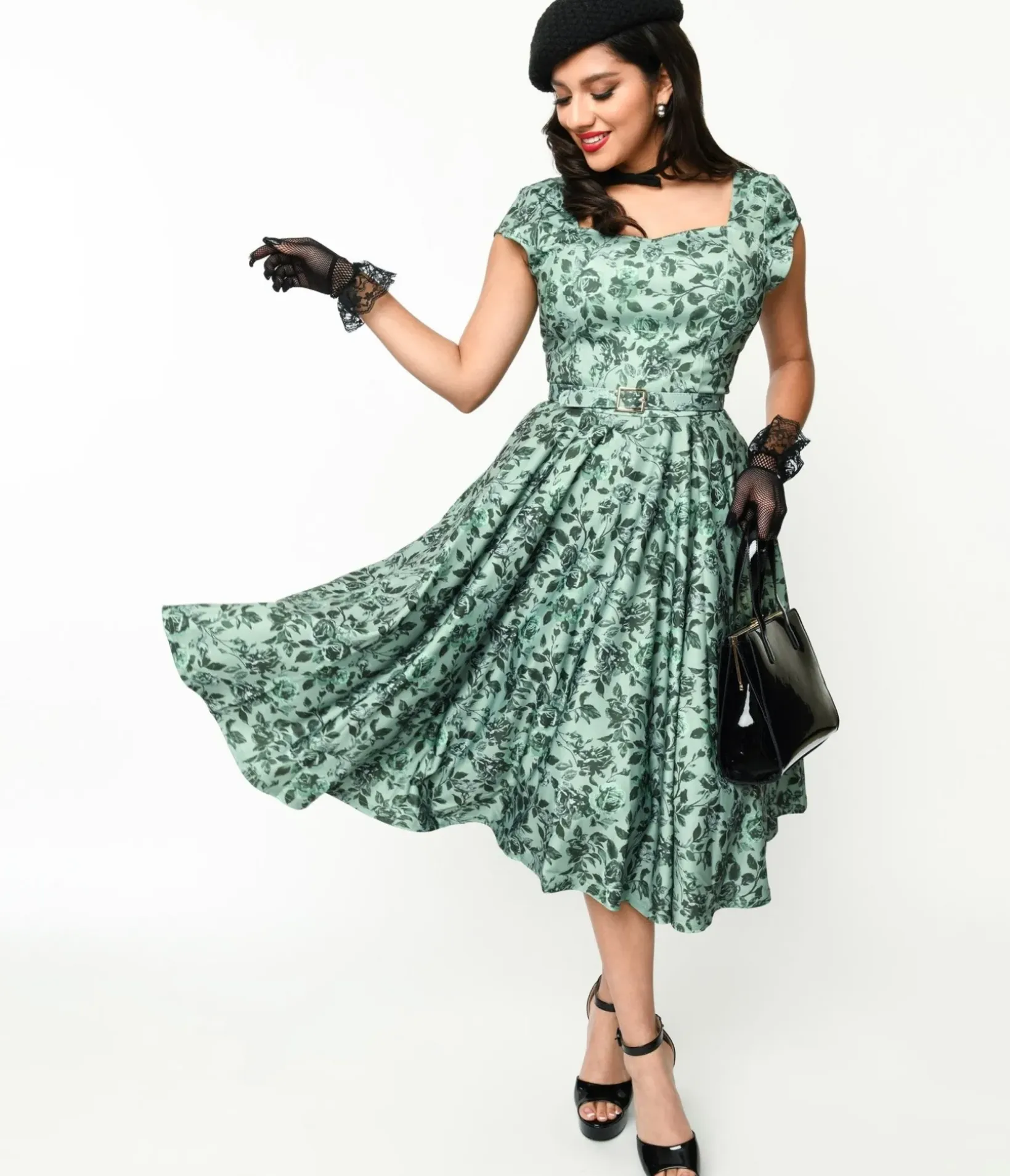 Unique Vintage Swing|Pocket Dresses>Sage Green & Green Floral Cosmopolitan Swing Dress