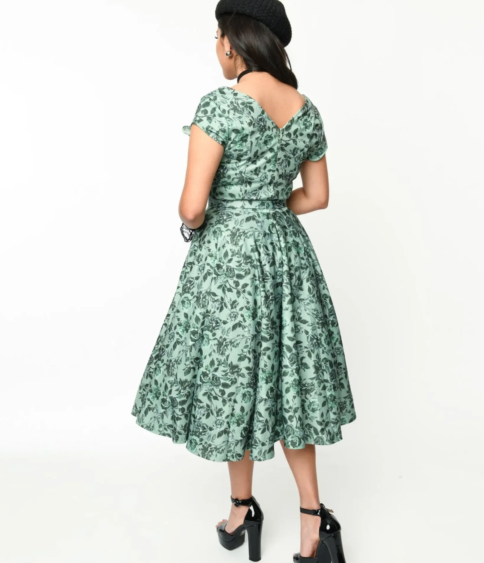 Unique Vintage Swing|Pocket Dresses>Sage Green & Green Floral Cosmopolitan Swing Dress