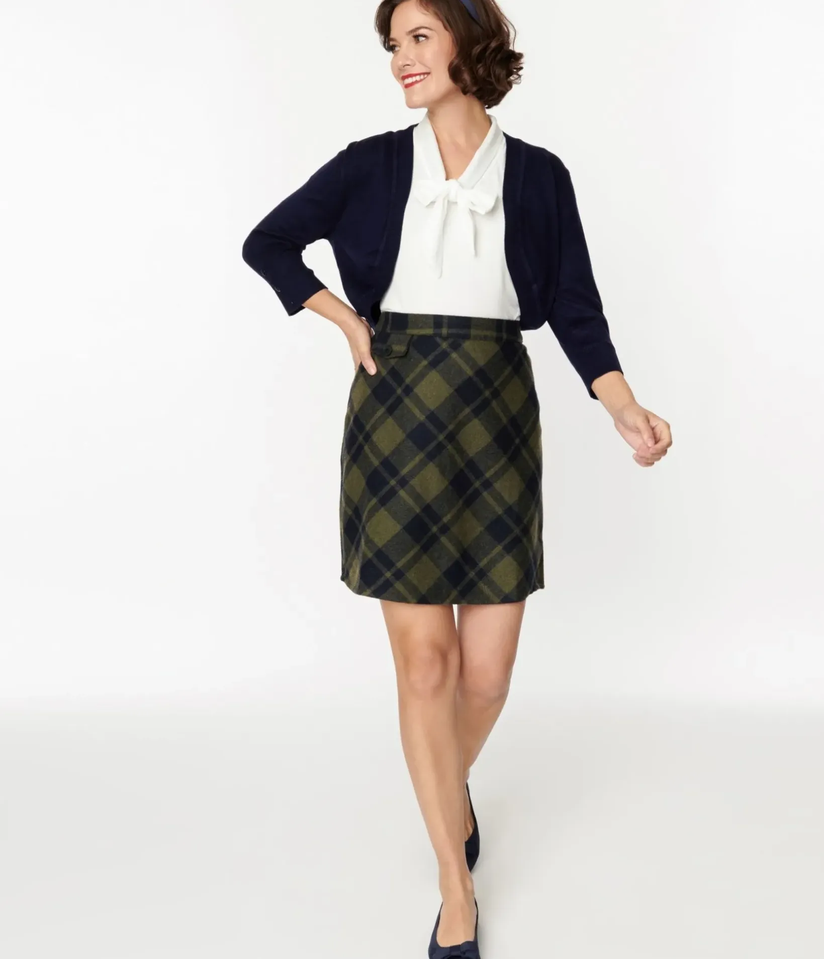Unique Vintage Skirts|Skirts>Sage Green & Navy Plaid Mini Skirt