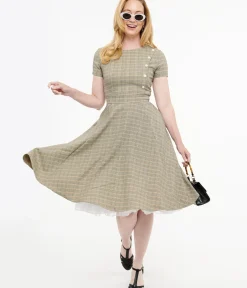 Unique Vintage Swing|Pocket Dresses>1950s Beige Plaid & Pink Floral Swing Dress