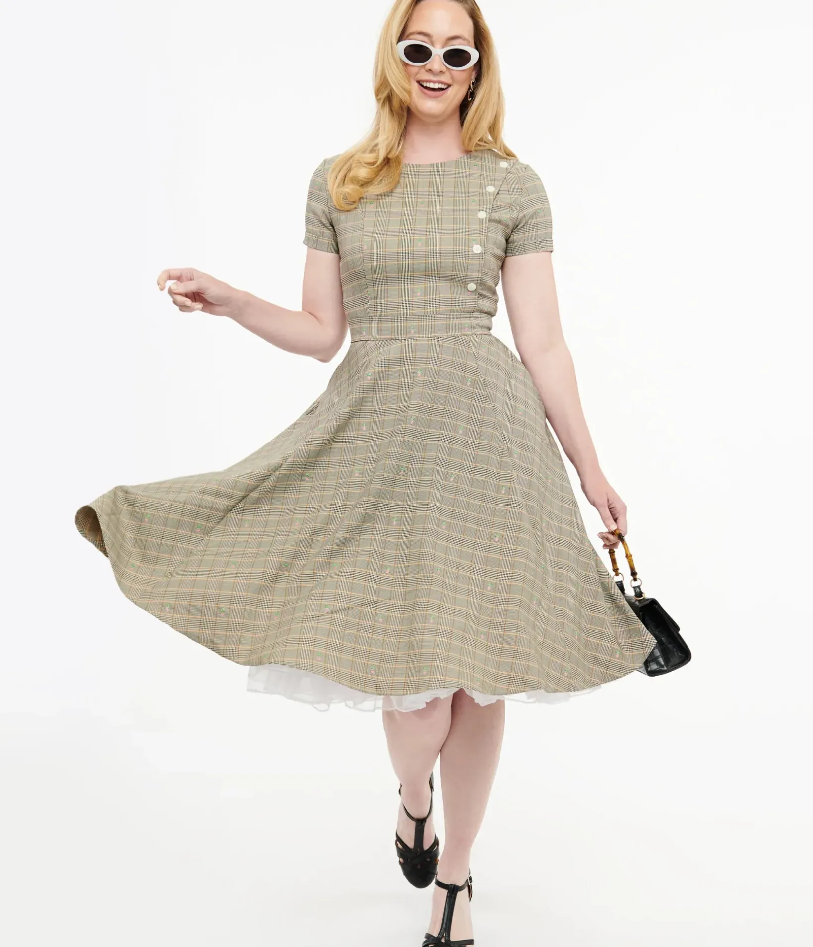 Unique Vintage Swing|Pocket Dresses>1950s Beige Plaid & Pink Floral Swing Dress