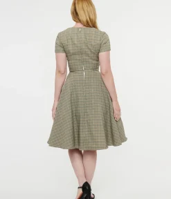 Unique Vintage Swing|Pocket Dresses>1950s Beige Plaid & Pink Floral Swing Dress