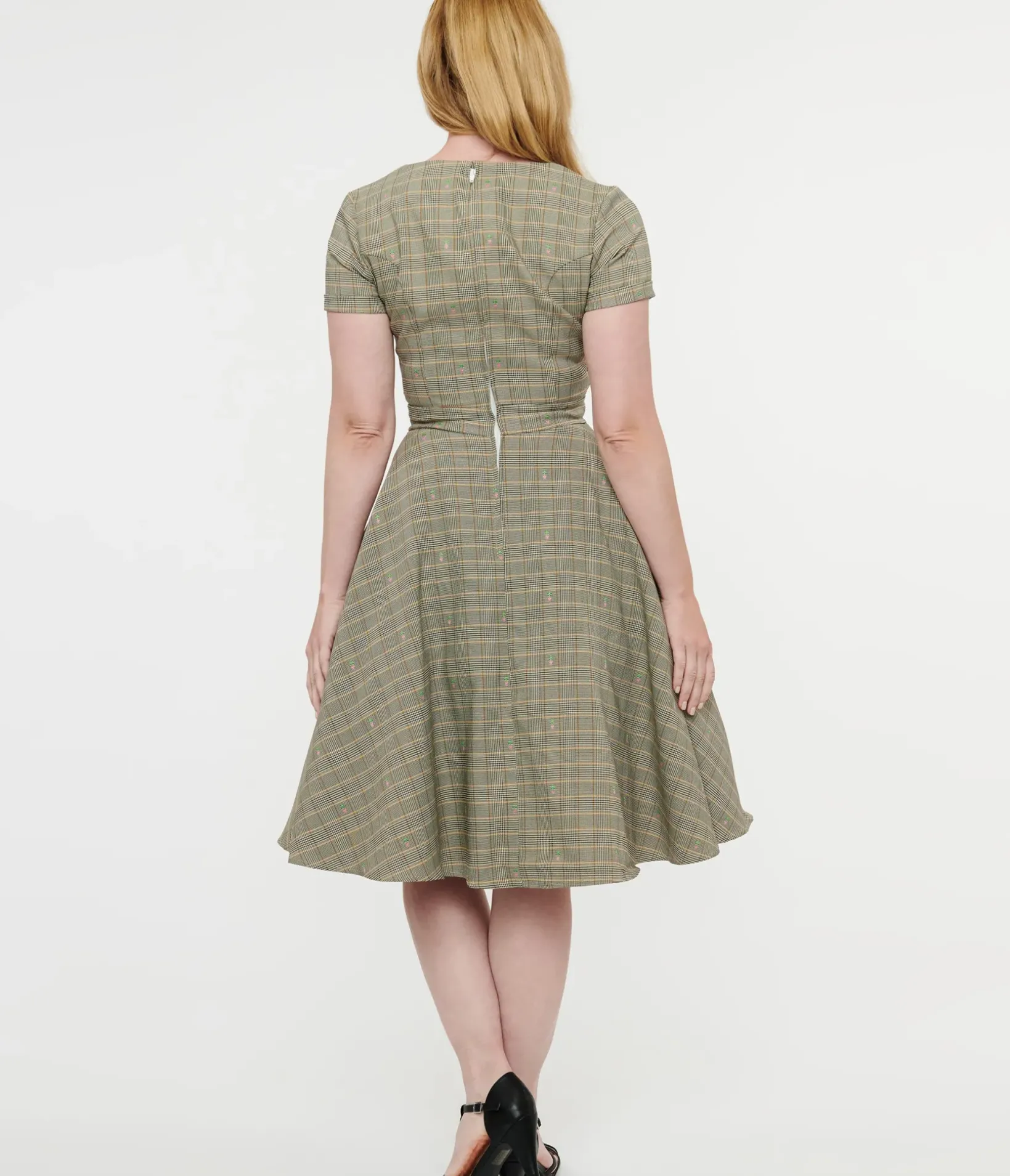 Unique Vintage Swing|Pocket Dresses>1950s Beige Plaid & Pink Floral Swing Dress
