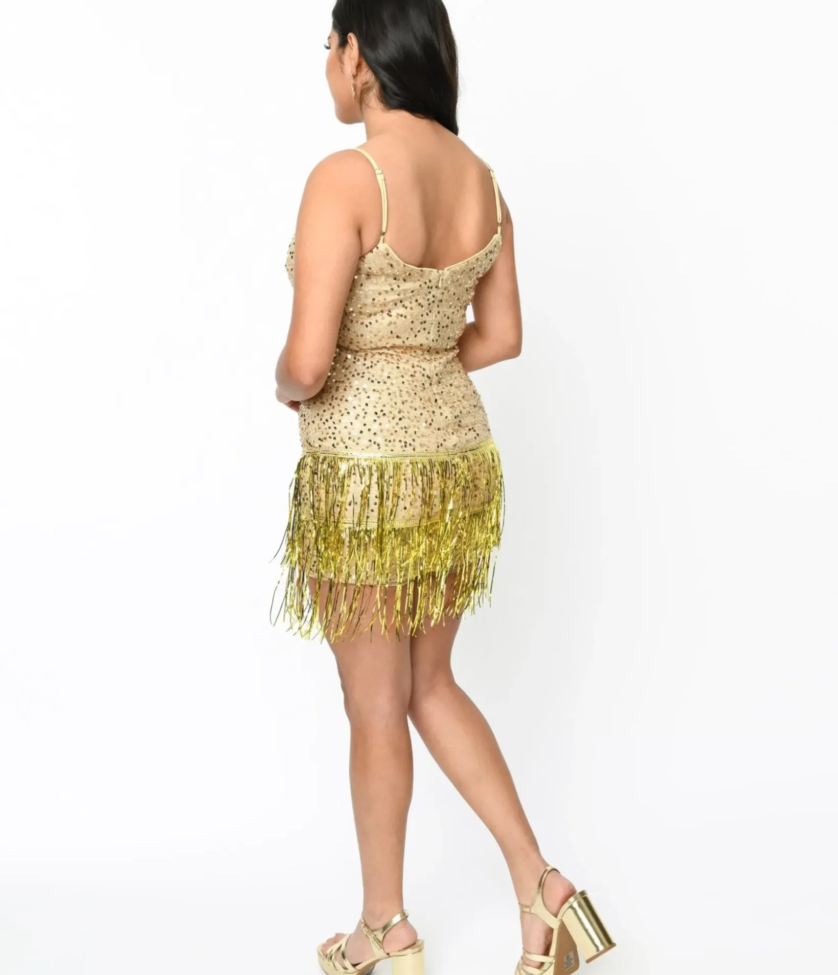 Unique Vintage Pencil|Everyday Dresses>1920s Beige Sequin & Gold Tinsel Fringe Mini Dress