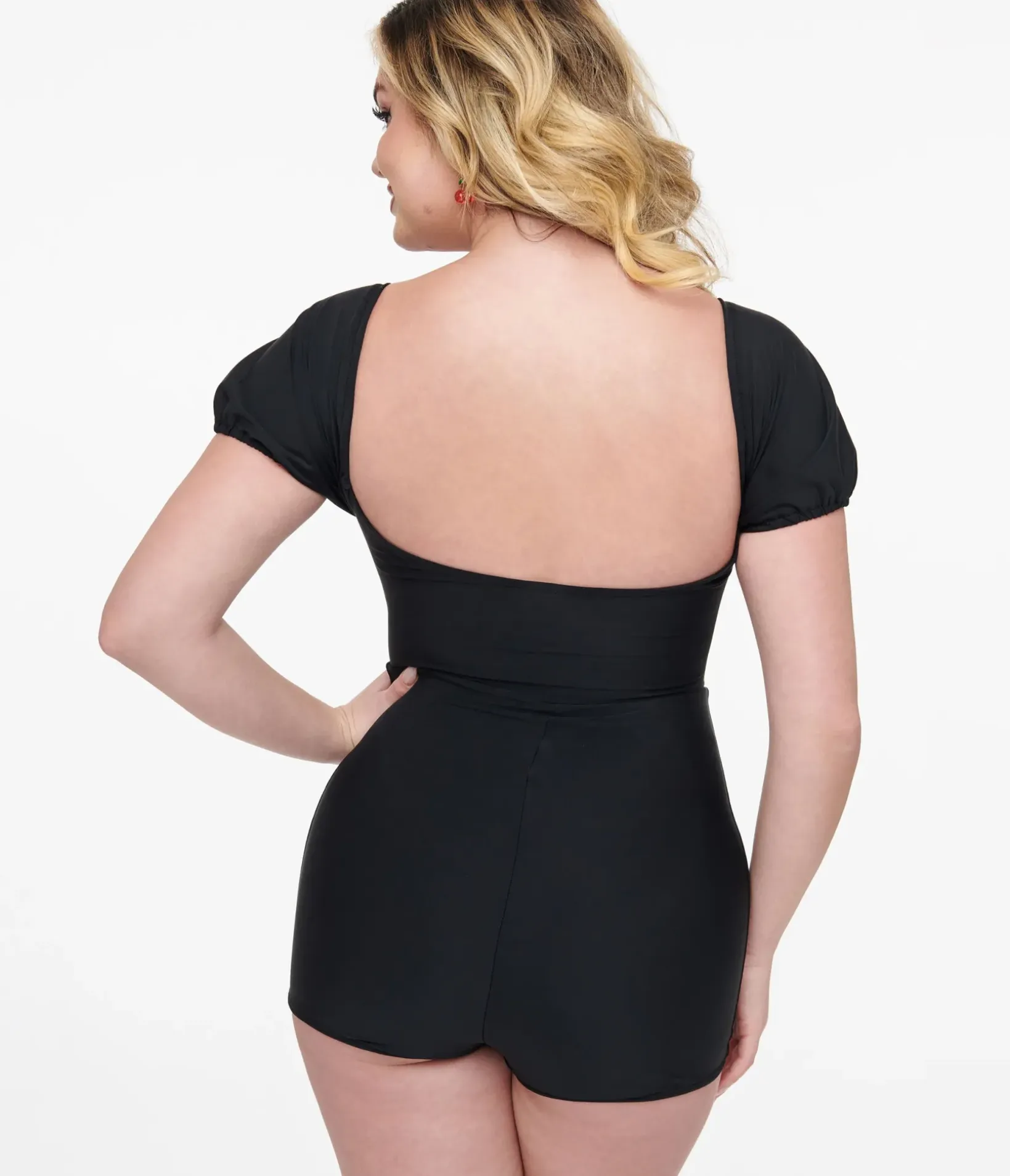 Unique Vintage One Piece Swim|One Piece Swim>1950s Black Bow Romper Swimsuit