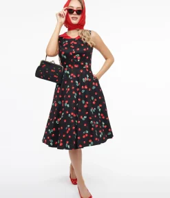 Unique Vintage Swing|Pocket Dresses>1950s Black Cherry Cotton Swing Dress