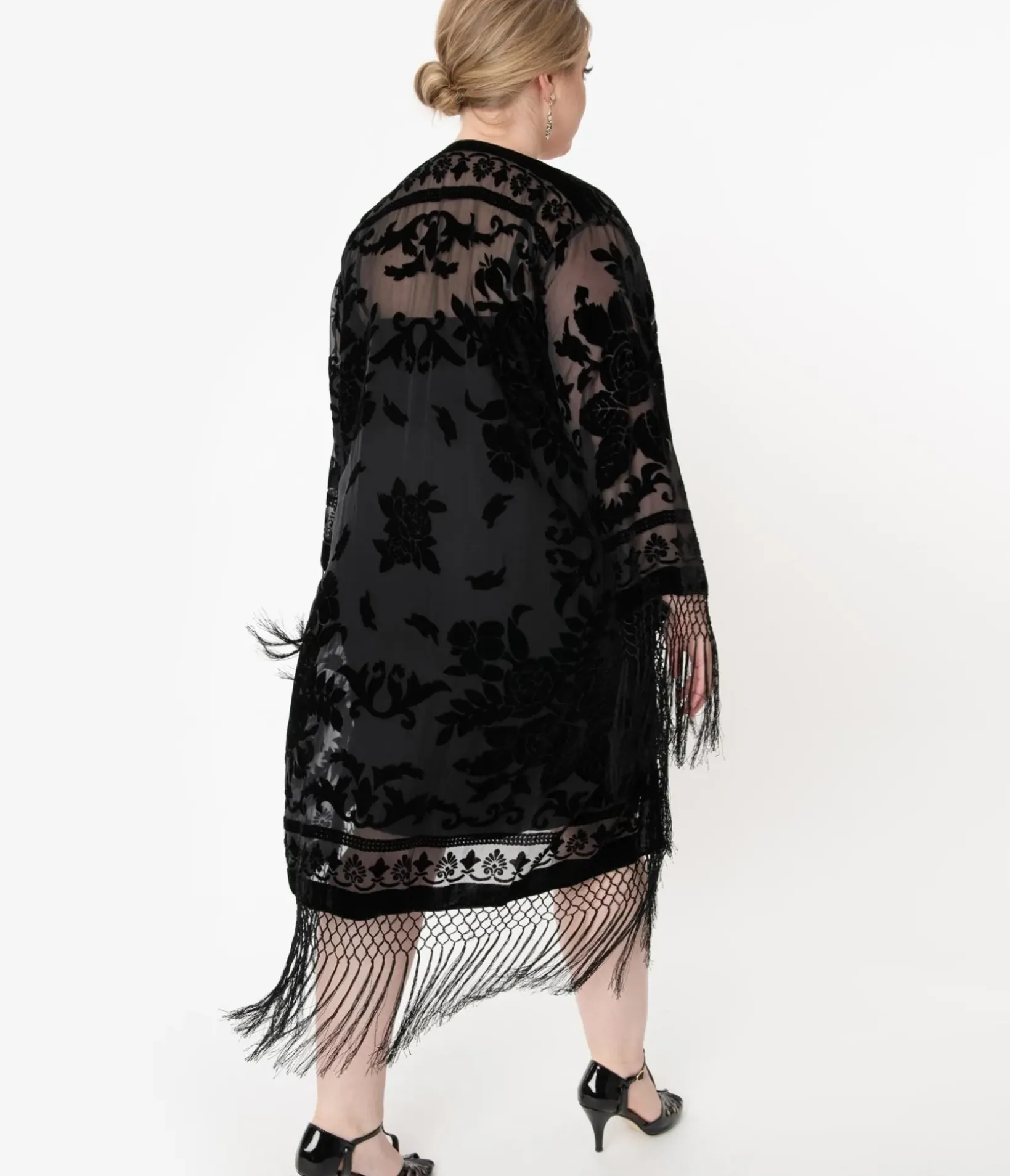 Unique Vintage Special Occasion|Flapper Accessories>1920s Black Devore Velvet Lattice Scarf Coat