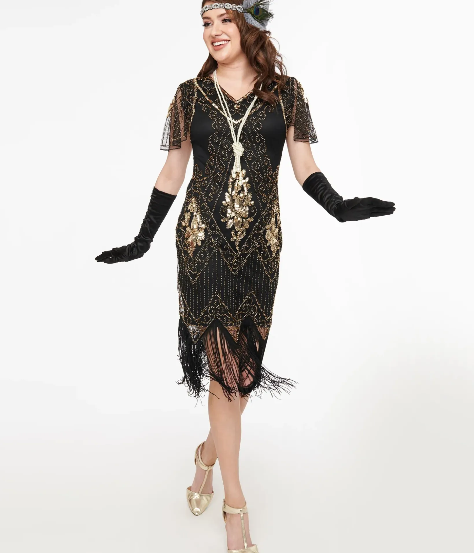 Unique Vintage Special Occasion|Flapper Dresses>1920s Black & Gold Beaded Fringe Flapper Dress