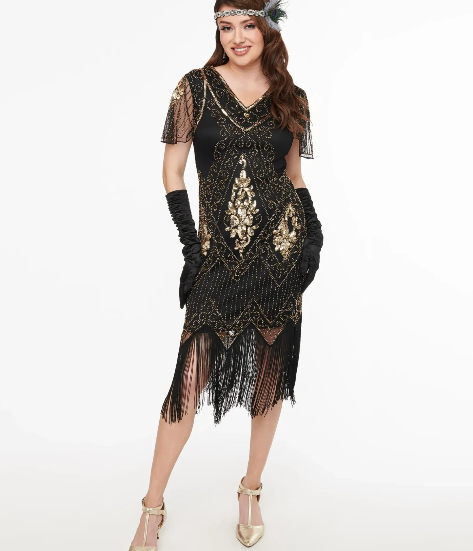 Unique Vintage Special Occasion|Flapper Dresses>1920s Black & Gold Beaded Fringe Flapper Dress