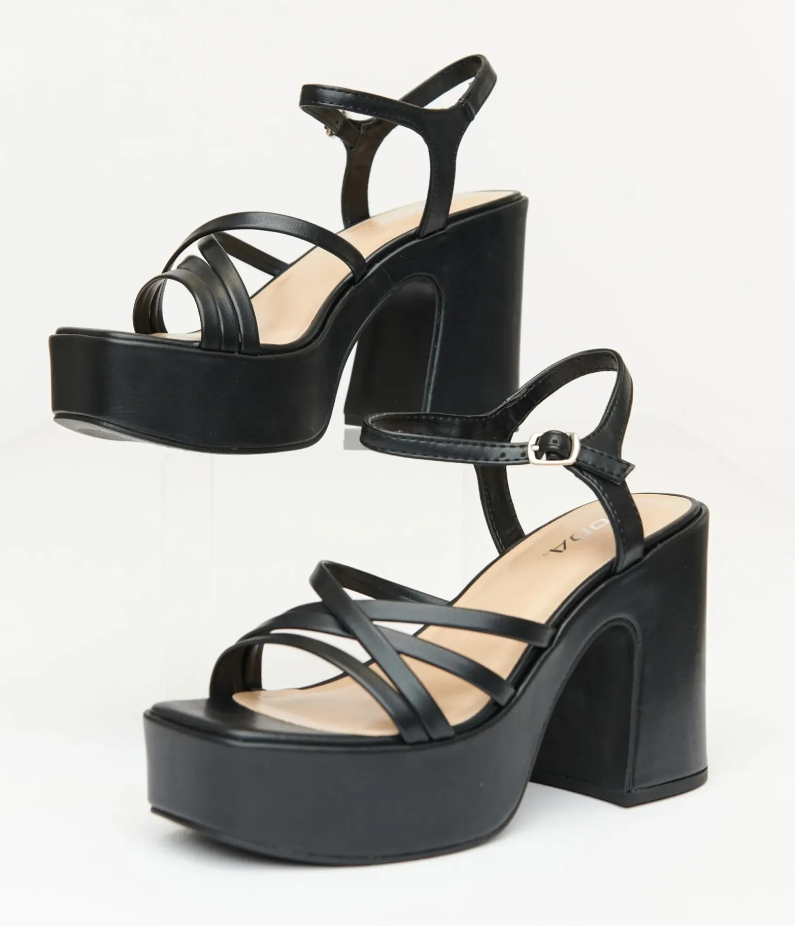 Unique Vintage Special Occasion|Sandals>1970s Black Leatherette Platform Sandals
