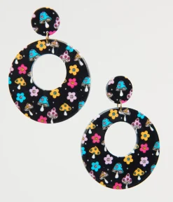 Unique Vintage Earrings>1970s Black Mushroom & Floral Print Hoop Earrings
