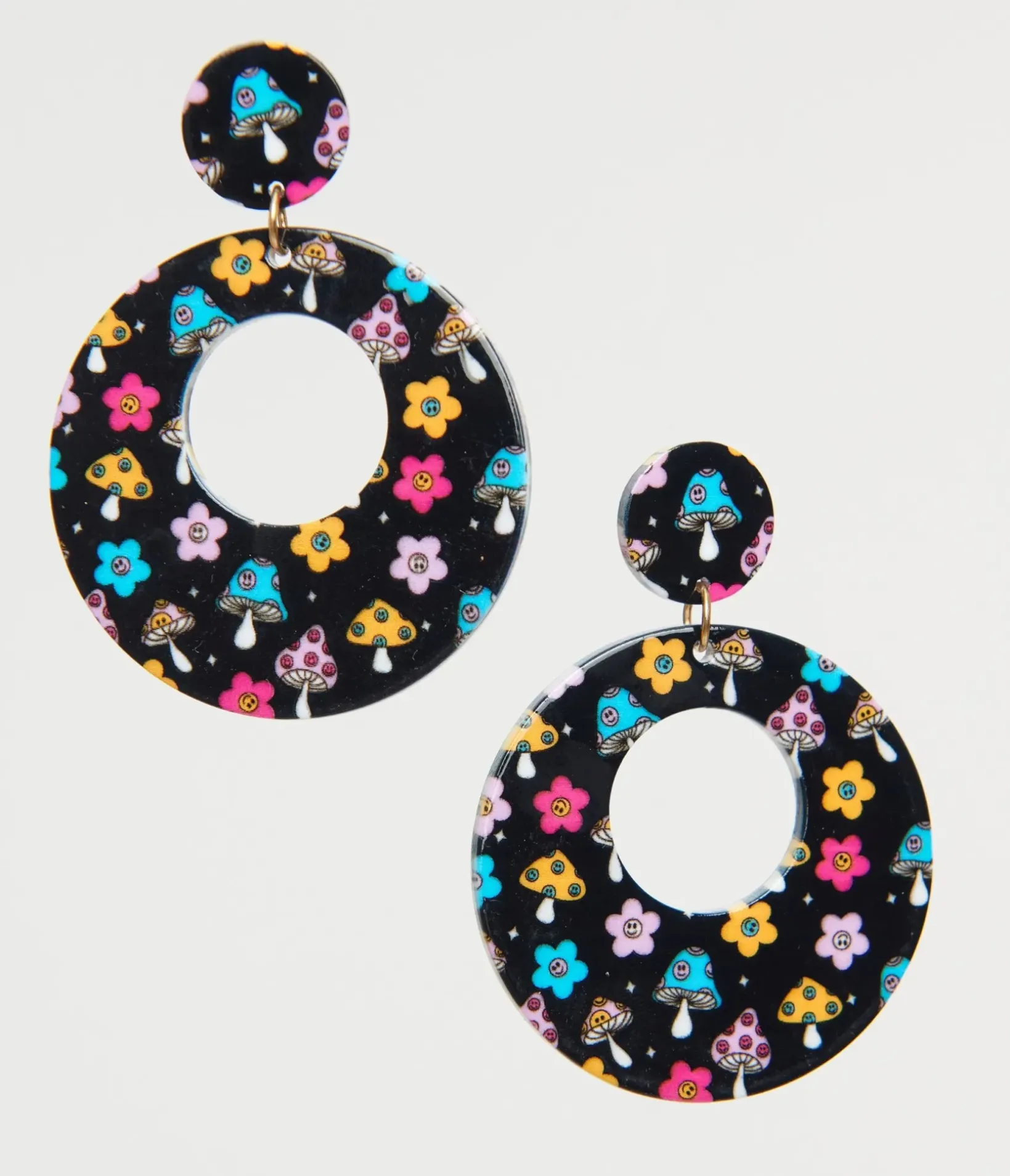 Unique Vintage Earrings>1970s Black Mushroom & Floral Print Hoop Earrings