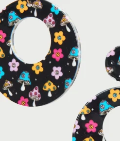 Unique Vintage Earrings>1970s Black Mushroom & Floral Print Hoop Earrings
