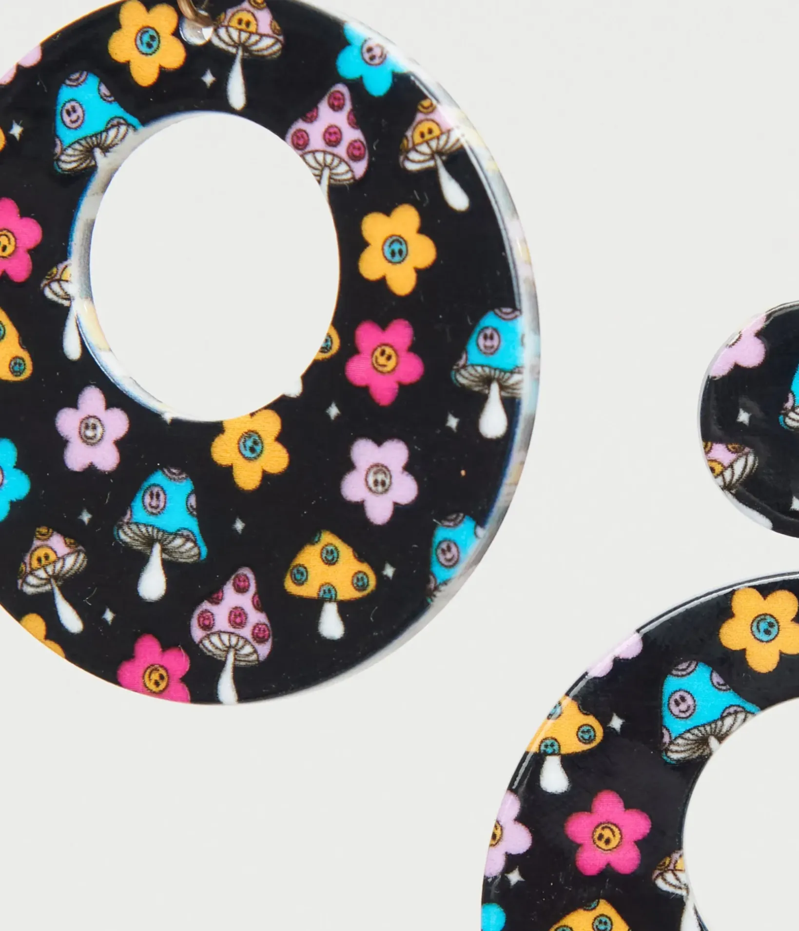 Unique Vintage Earrings>1970s Black Mushroom & Floral Print Hoop Earrings