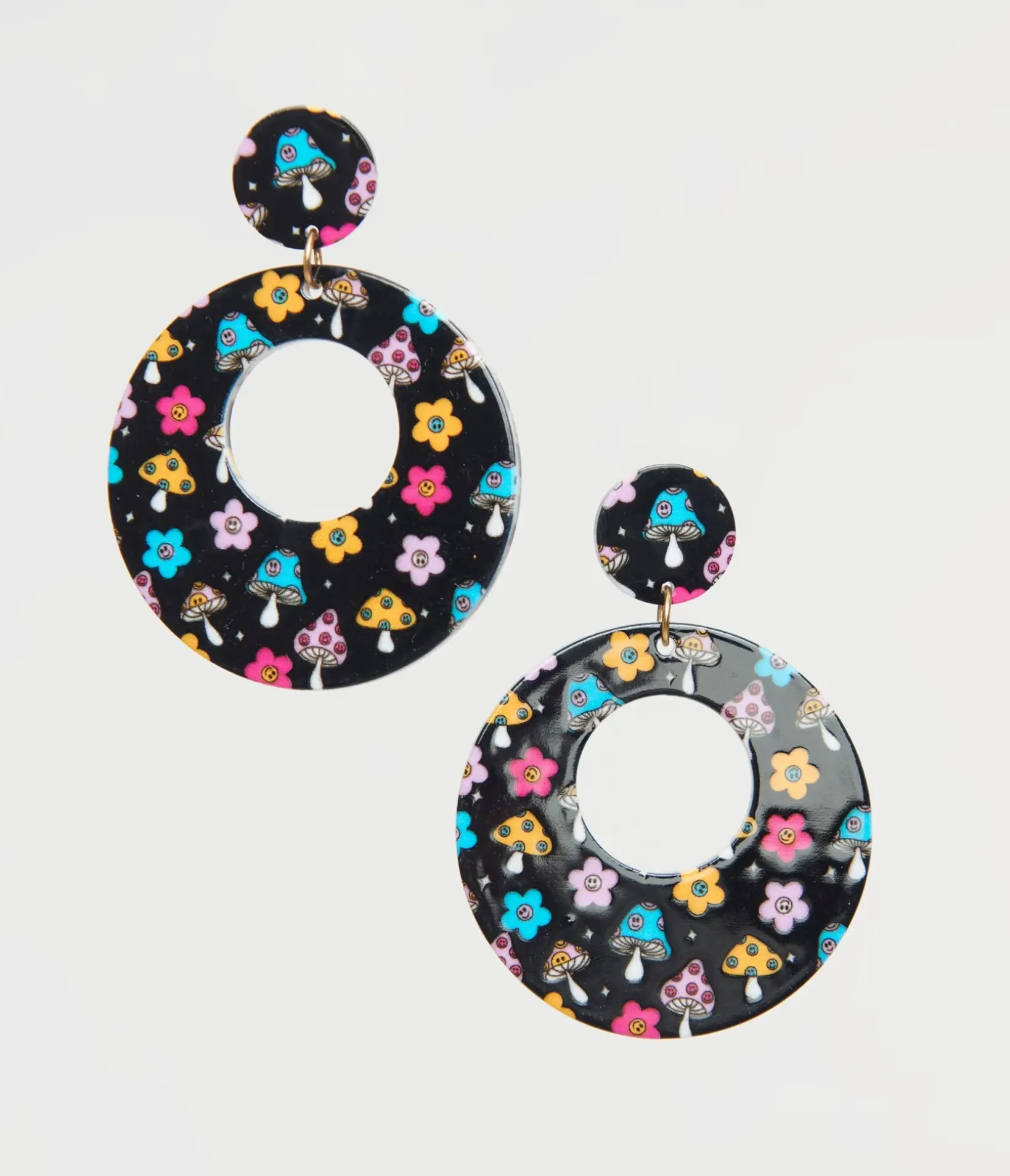 Unique Vintage Earrings>1970s Black Mushroom & Floral Print Hoop Earrings