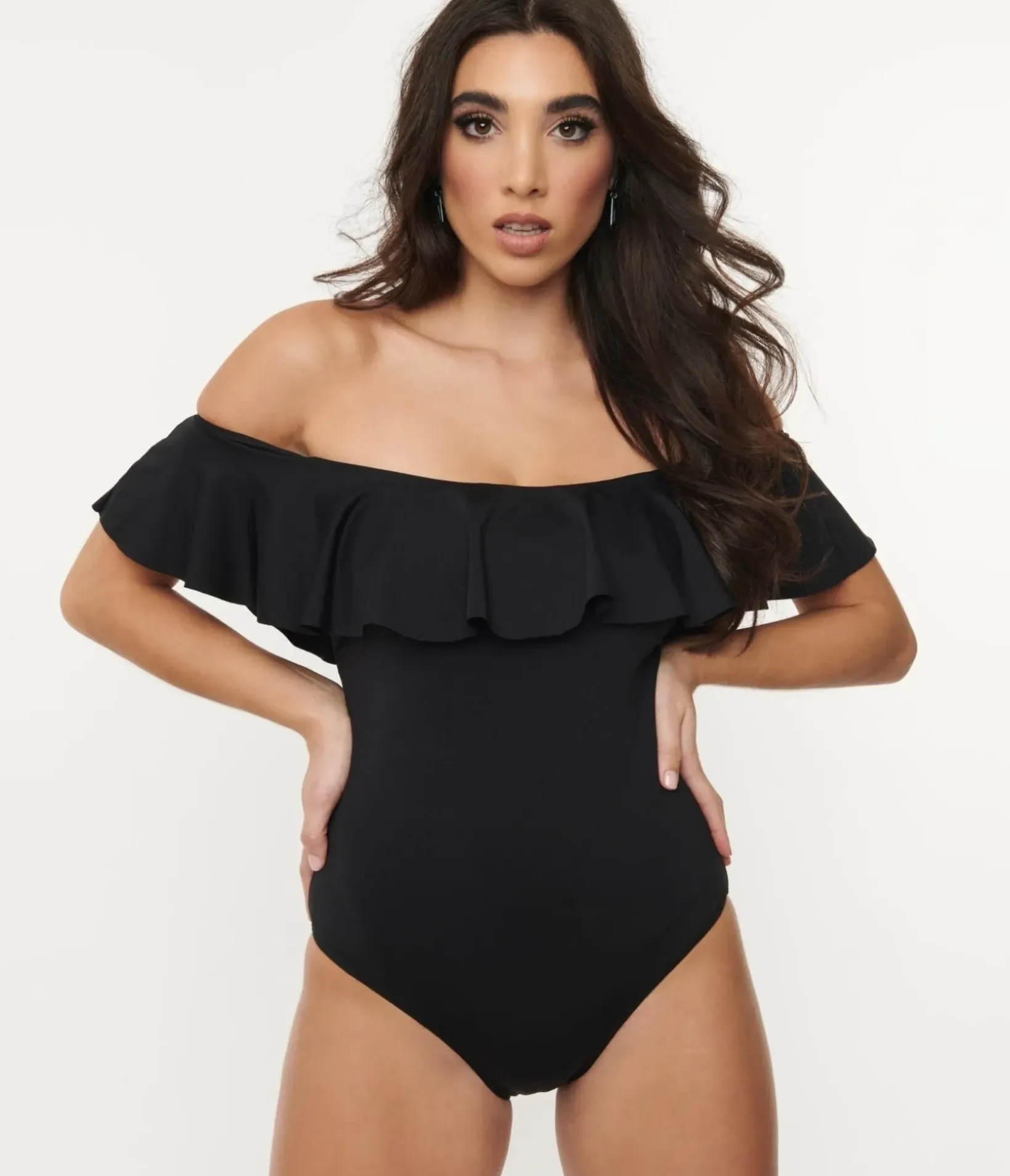 Unique Vintage One Piece Swim>1970s Black Off Shoulder Ruffle Swimsuit