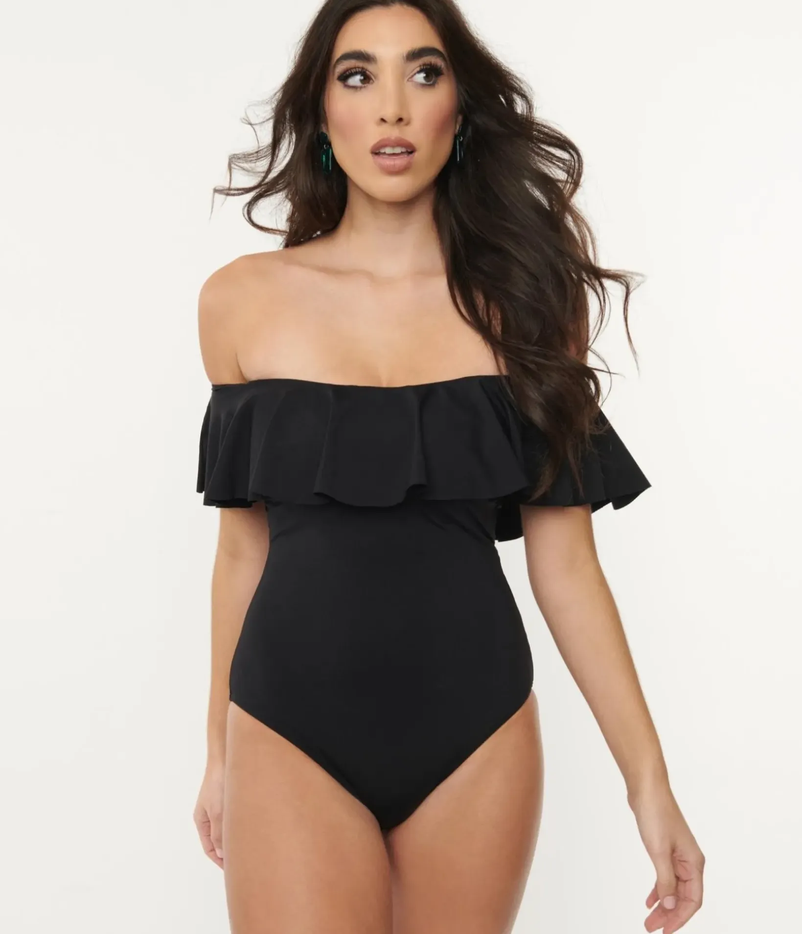 Unique Vintage One Piece Swim>1970s Black Off Shoulder Ruffle Swimsuit
