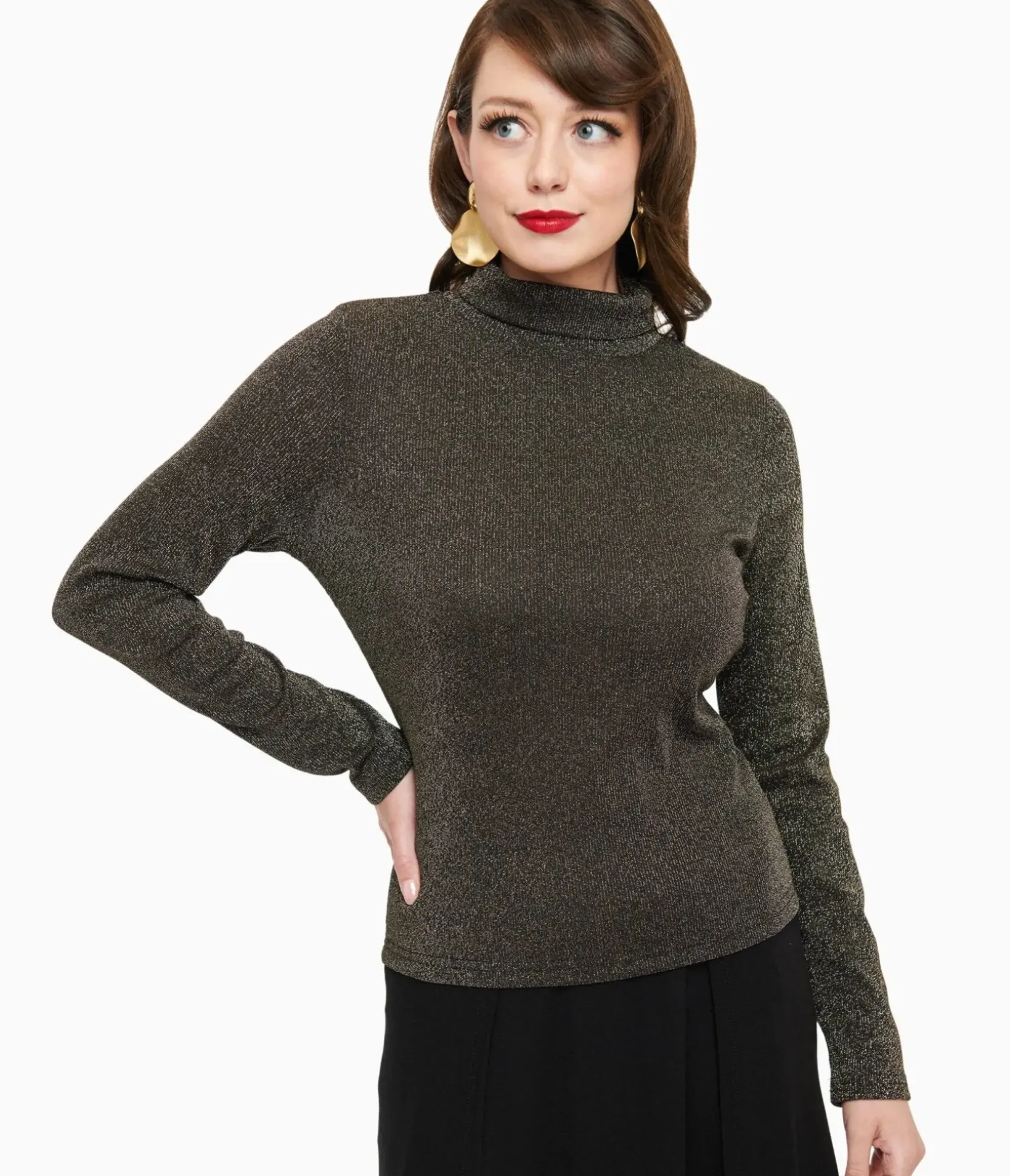 Unique Vintage Work Wear|Date Night Outfits>1950s Black Opal Lurex Mock Turtleneck Top