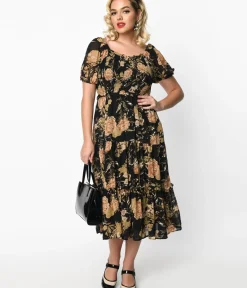 Unique Vintage Midi|Pocket Dresses>1970s Black & Pink Antique Floral Smocked Puff Sleeve Midi Dress