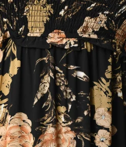 Unique Vintage Midi|Pocket Dresses>1970s Black & Pink Antique Floral Smocked Puff Sleeve Midi Dress