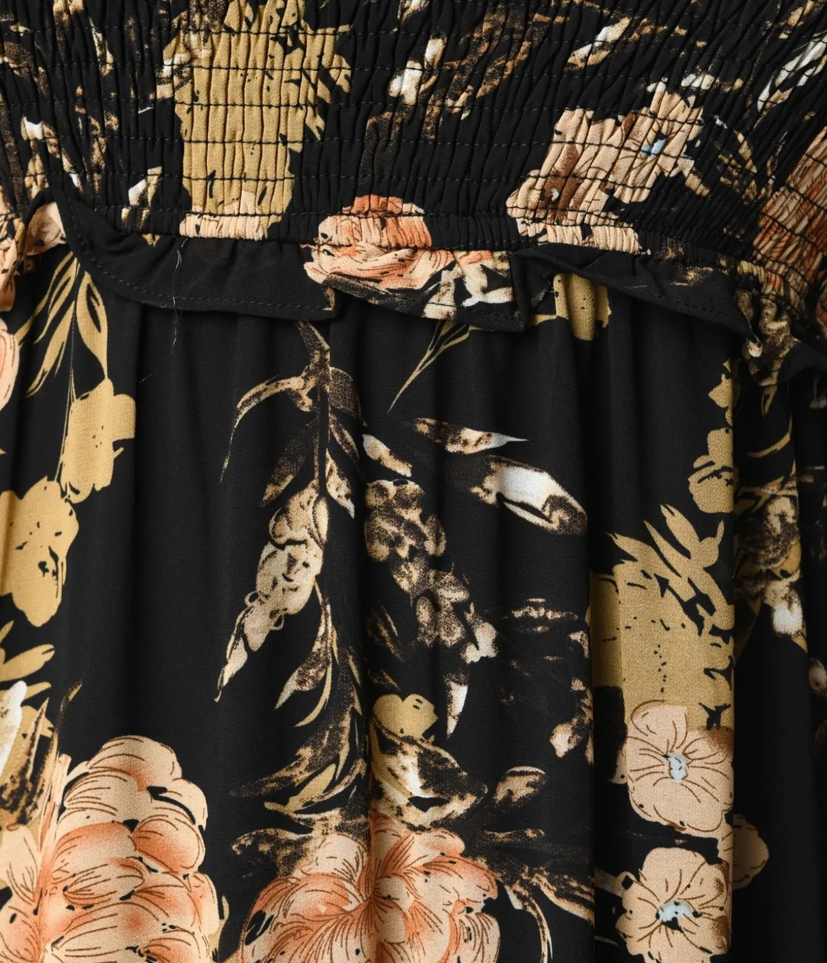 Unique Vintage Midi|Pocket Dresses>1970s Black & Pink Antique Floral Smocked Puff Sleeve Midi Dress