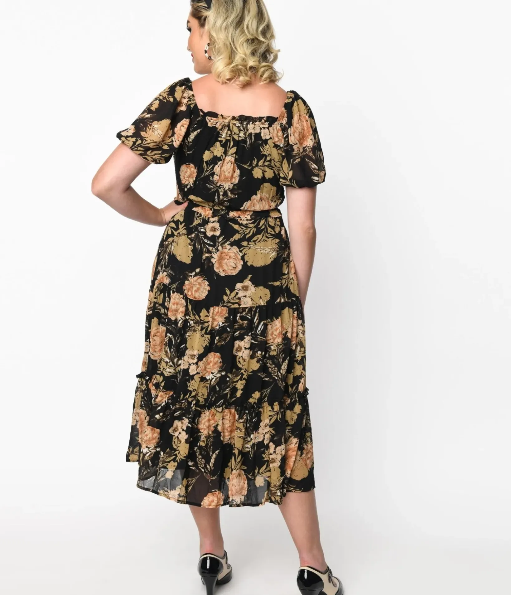 Unique Vintage Midi|Pocket Dresses>1970s Black & Pink Antique Floral Smocked Puff Sleeve Midi Dress