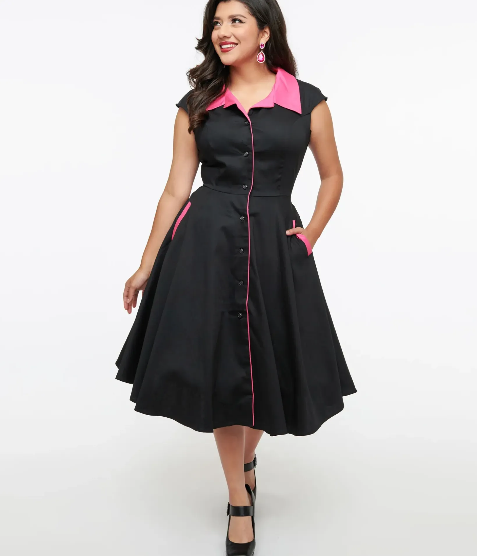 Unique Vintage Swing|Pocket Dresses>1950s Black & Pink Contrast Swing Dress