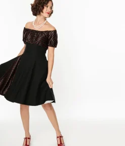 Unique Vintage Fit & Flare|Everyday Dresses>1940s Black & Red Polka Dot Romie Flare Dress