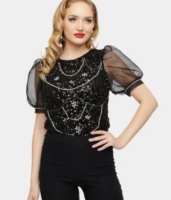 Unique Vintage Blouses>1980s Black Sequin & Rhinestone Organza Top