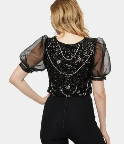 Unique Vintage Blouses>1980s Black Sequin & Rhinestone Organza Top