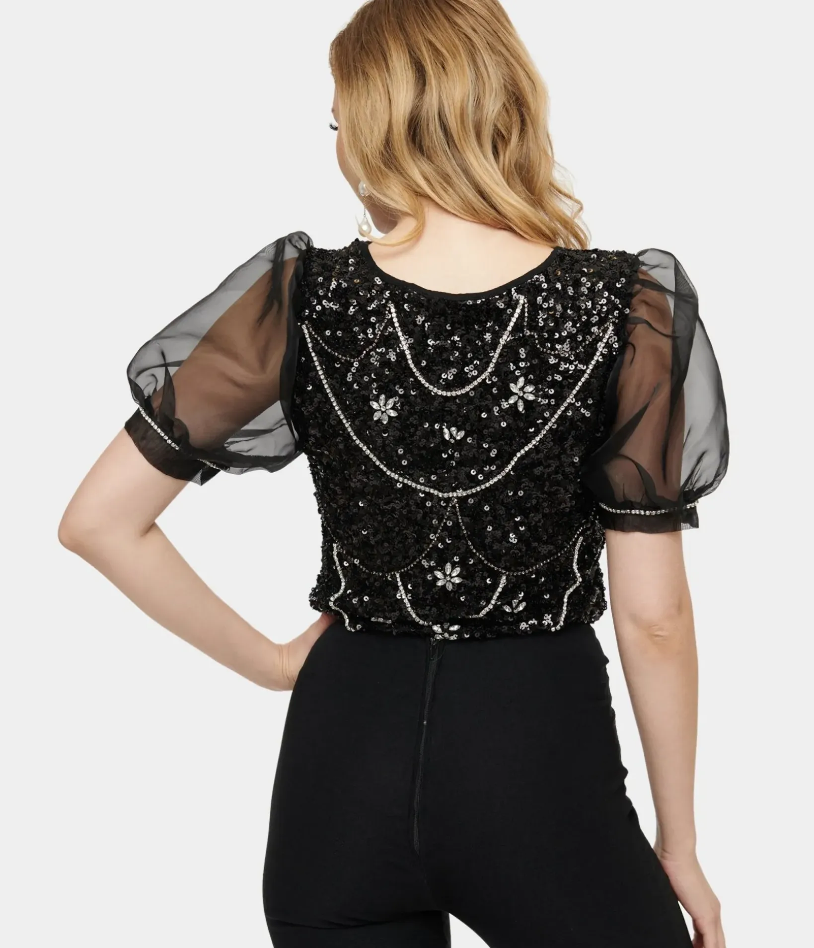 Unique Vintage Blouses>1980s Black Sequin & Rhinestone Organza Top