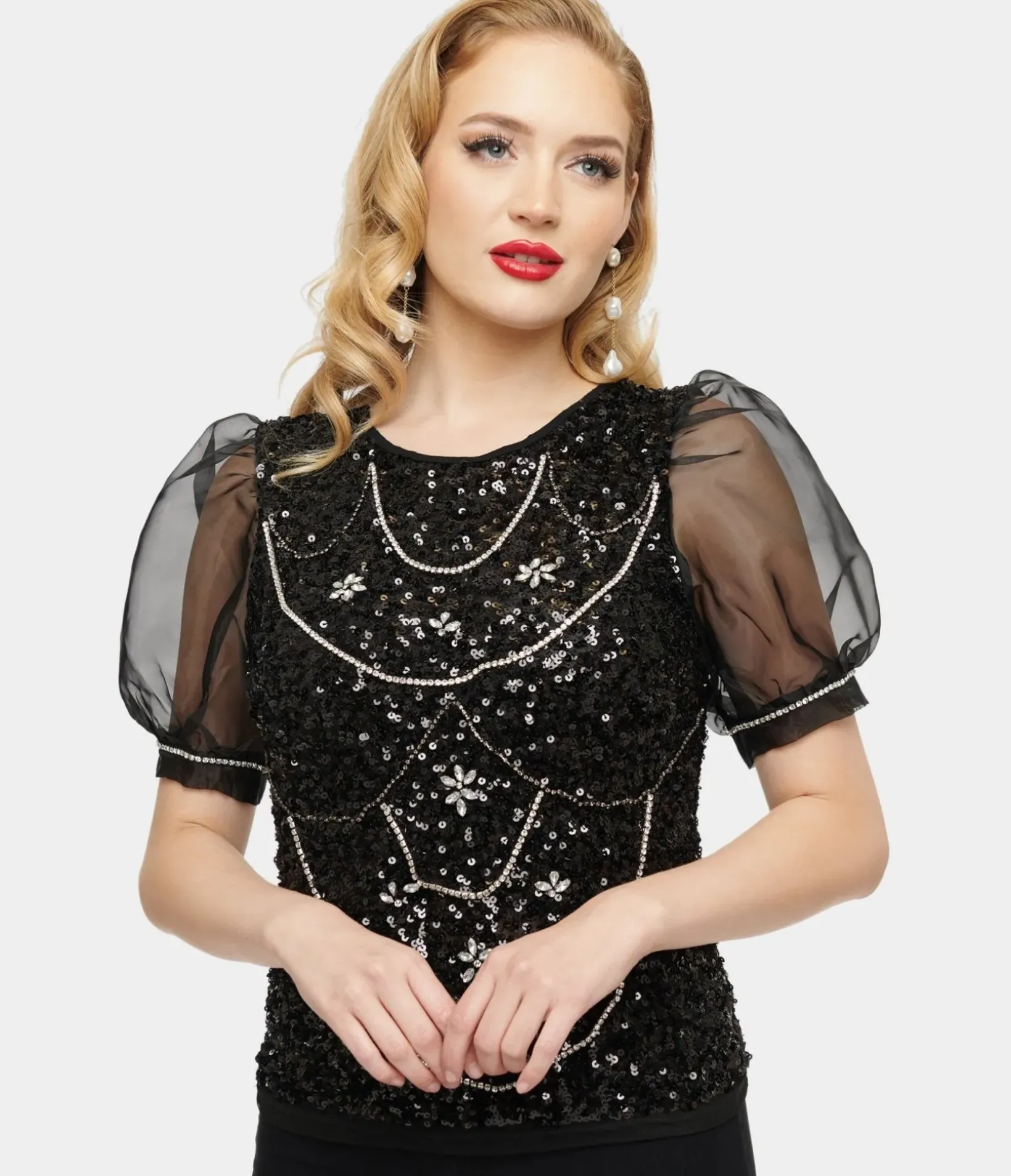 Unique Vintage Blouses>1980s Black Sequin & Rhinestone Organza Top
