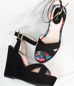 Unique Vintage Heels|Wedges>1970s Black Suede Platform Sandal Wedge